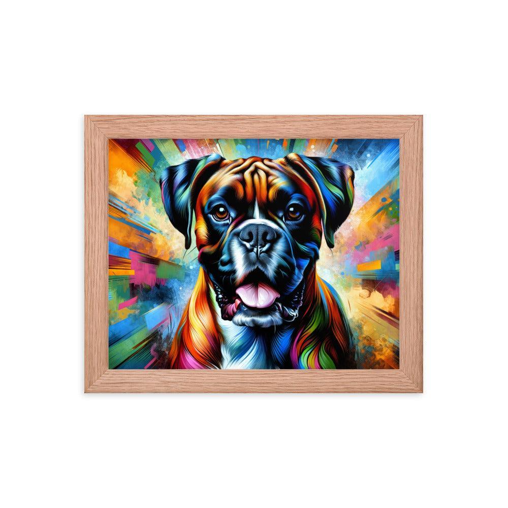 Vibrant Boxer Dog Energy in Colorful Abstract Art with Dynamic Pose Framed Poster - Oh Posters