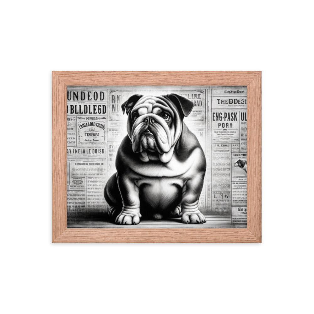 English Bulldog in Vintage Newspaper Style with Monochromatic Theme Art Framed Poster - Oh Posters