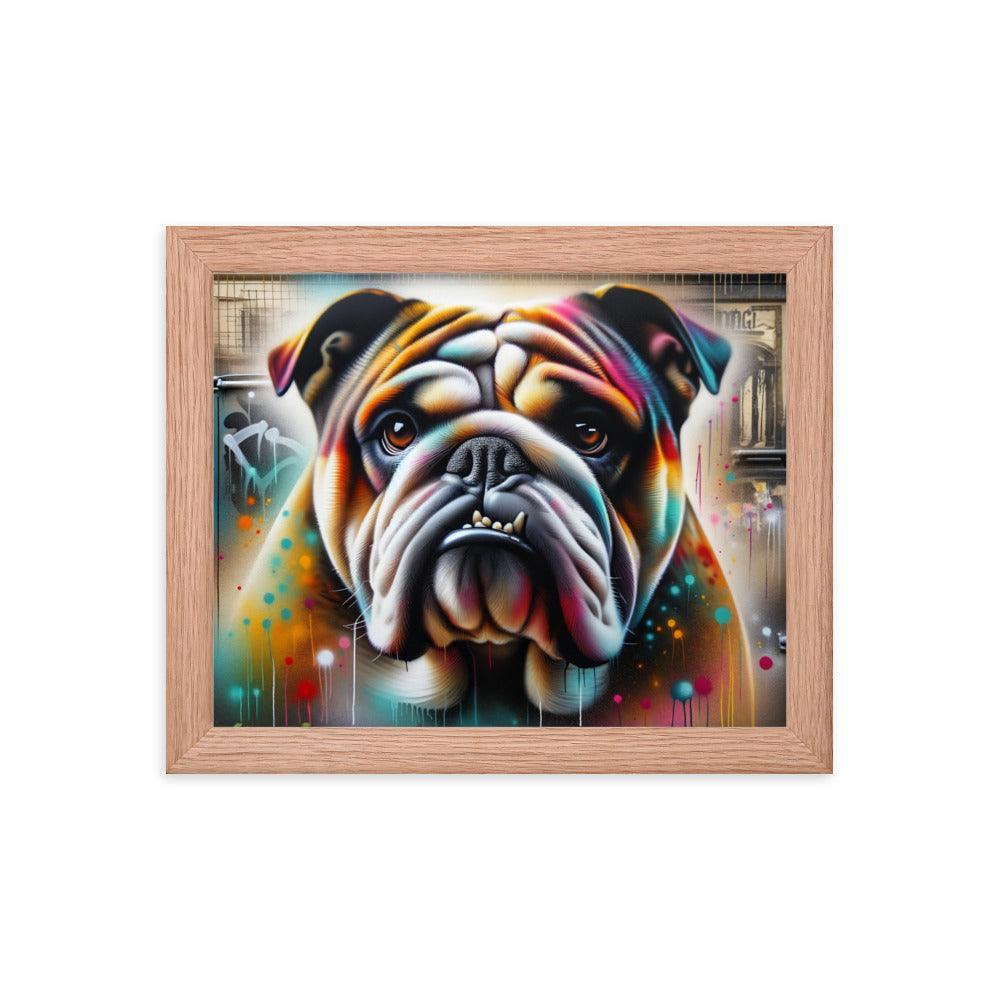 English Bulldog Graffiti Art with Vibrant Spray Paint and Urban Background Framed Poster - Oh Posters