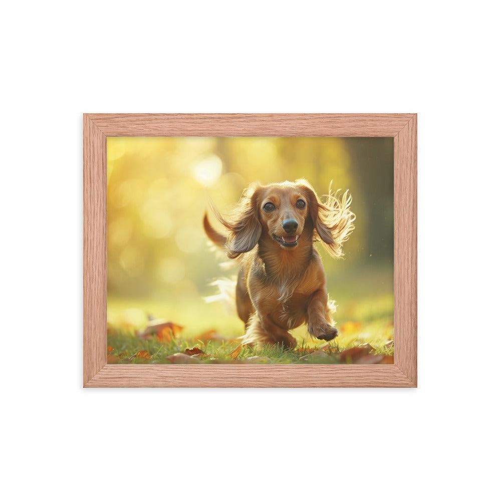 Joyful Long-Haired Dachshund's Playful in Autumn Framed Poster - Oh Posters