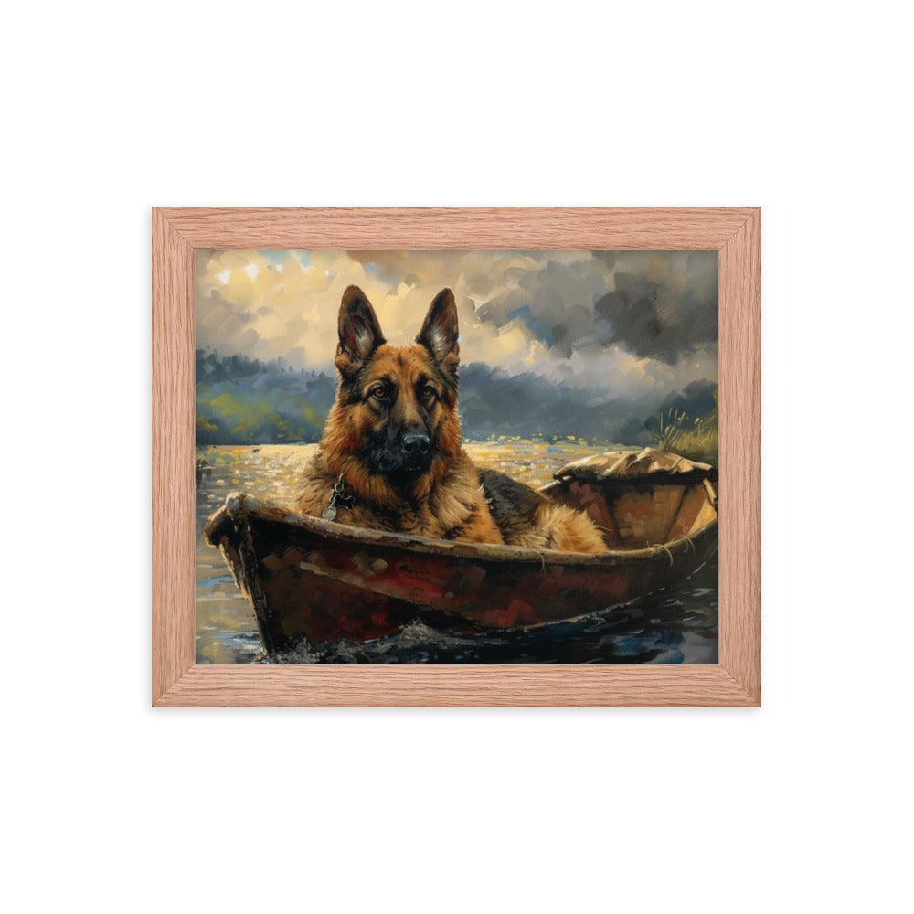 German Shepherd in Boat River Landscape Framed Poster - Oh Posters