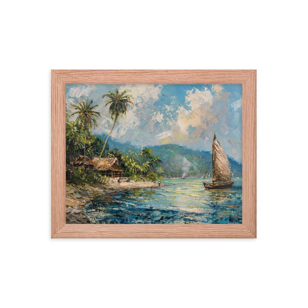 Comoros Beachside Hut and Sailboat Tropical Scene Framed Poster - Oh Posters