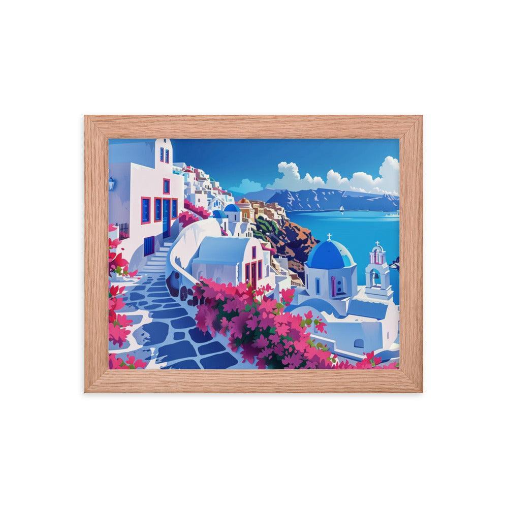 Greece Santorini Vibrant Floral Pathway Framed Poster - Oh Posters