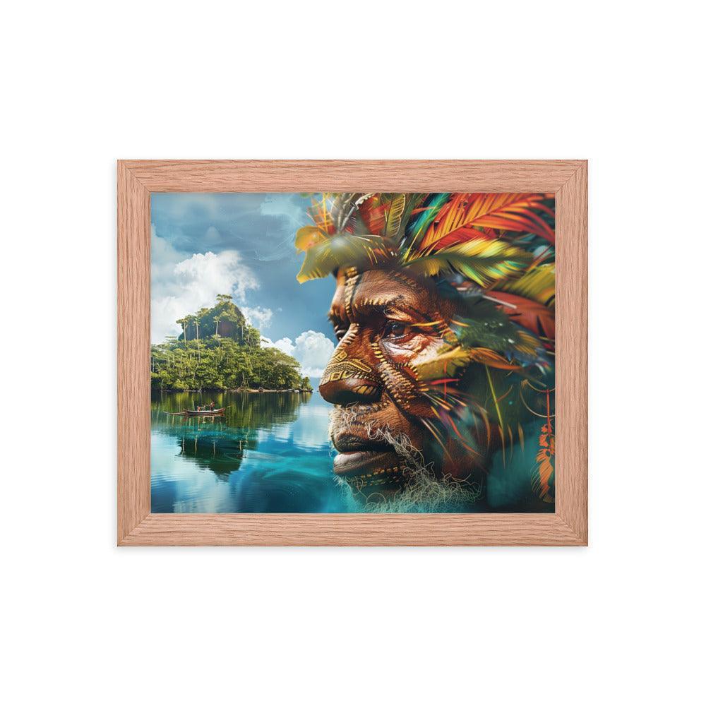 Papua New Guinea Indigenous Portrait and Island Landscape Framed Poster - Oh Posters