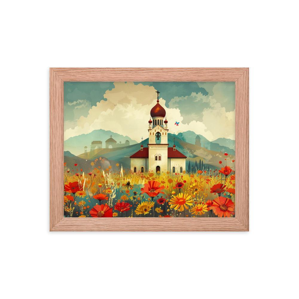 Romania Mountain Church Field of Flowers Framed Poster - Oh Posters