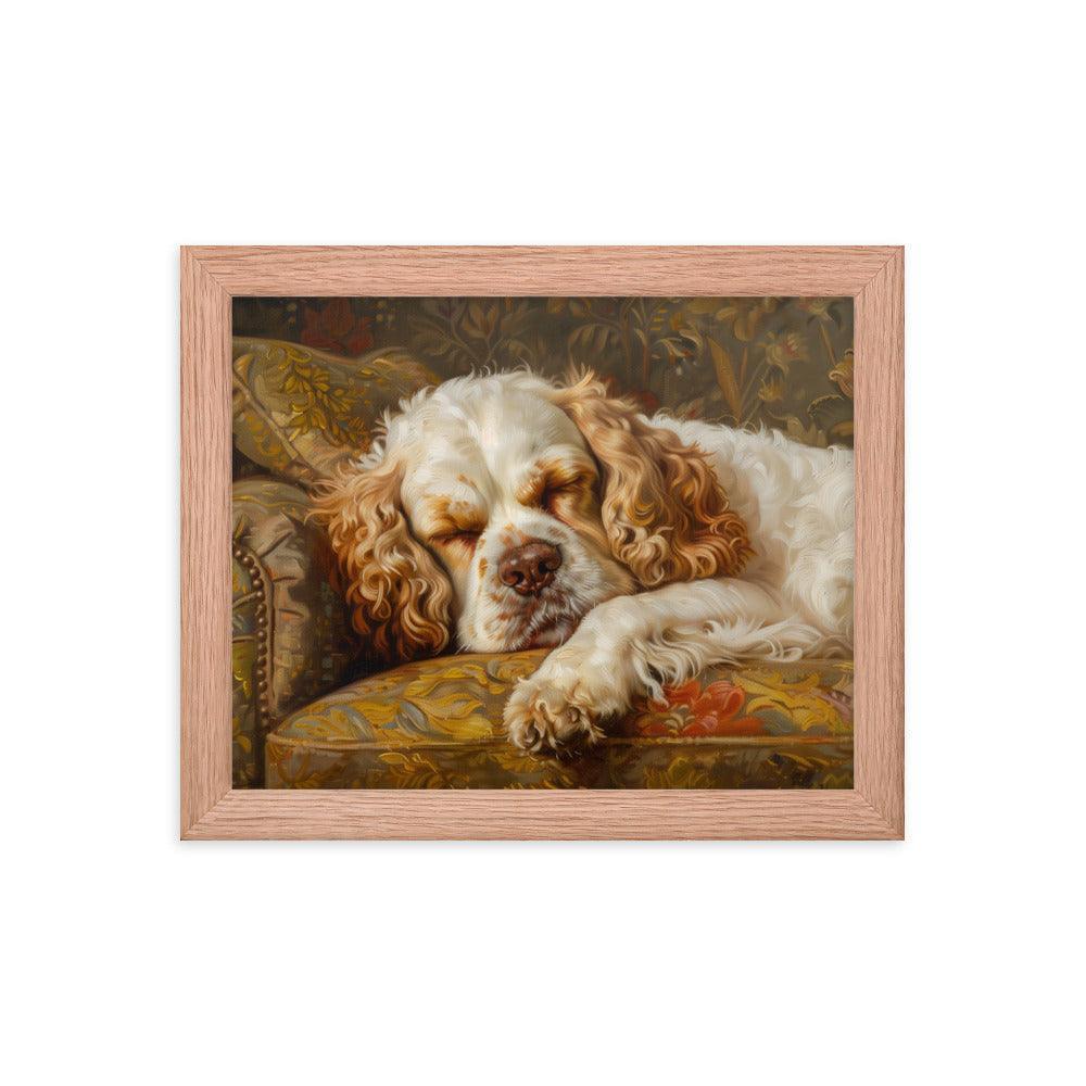 Clumber Spaniel Sleeping on Floral Sofa Painting Framed Poster - Oh Posters