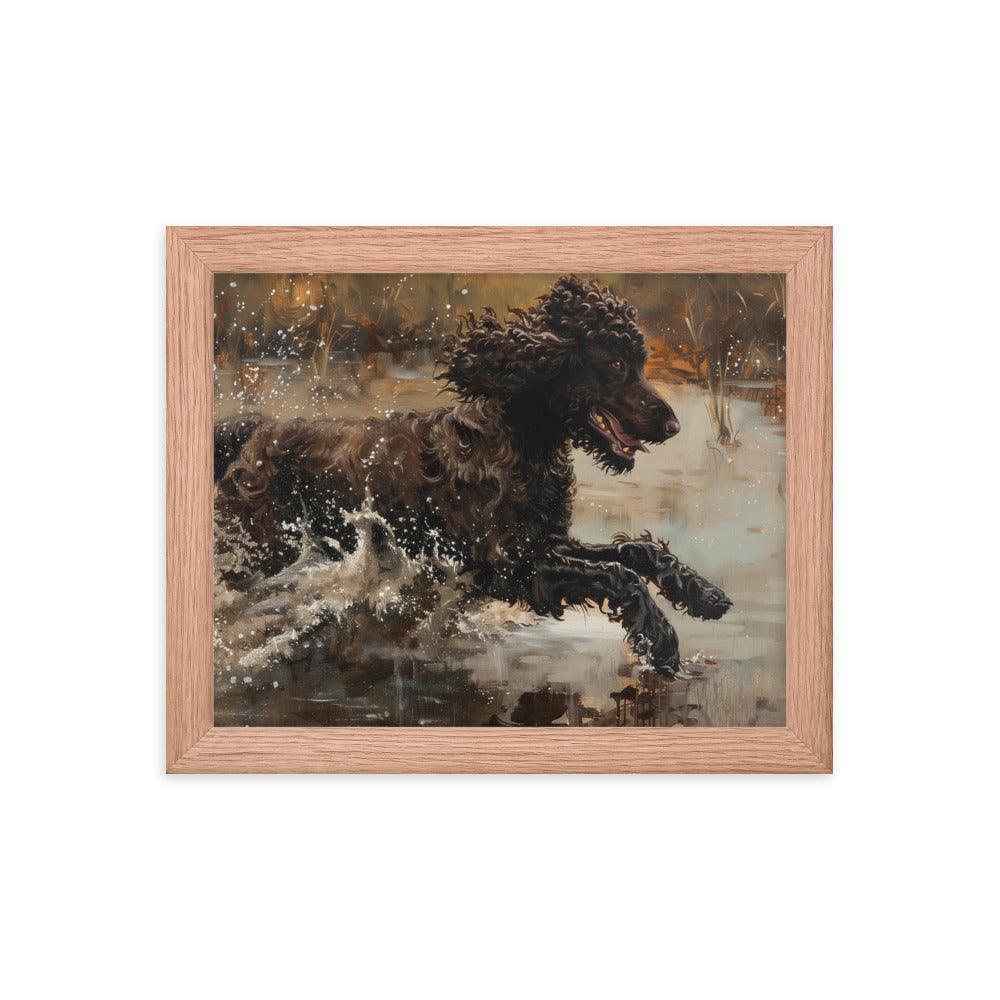 Irish Water Spaniel Splashing in Lake Art Framed Poster - Oh Posters