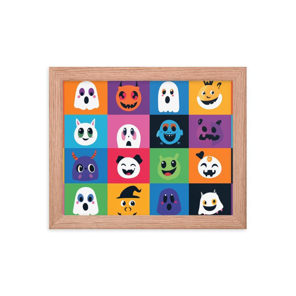 Cheerful Halloween Ghosts and Pumpkins Cartoon Faces Framed Poster - Oh Posters