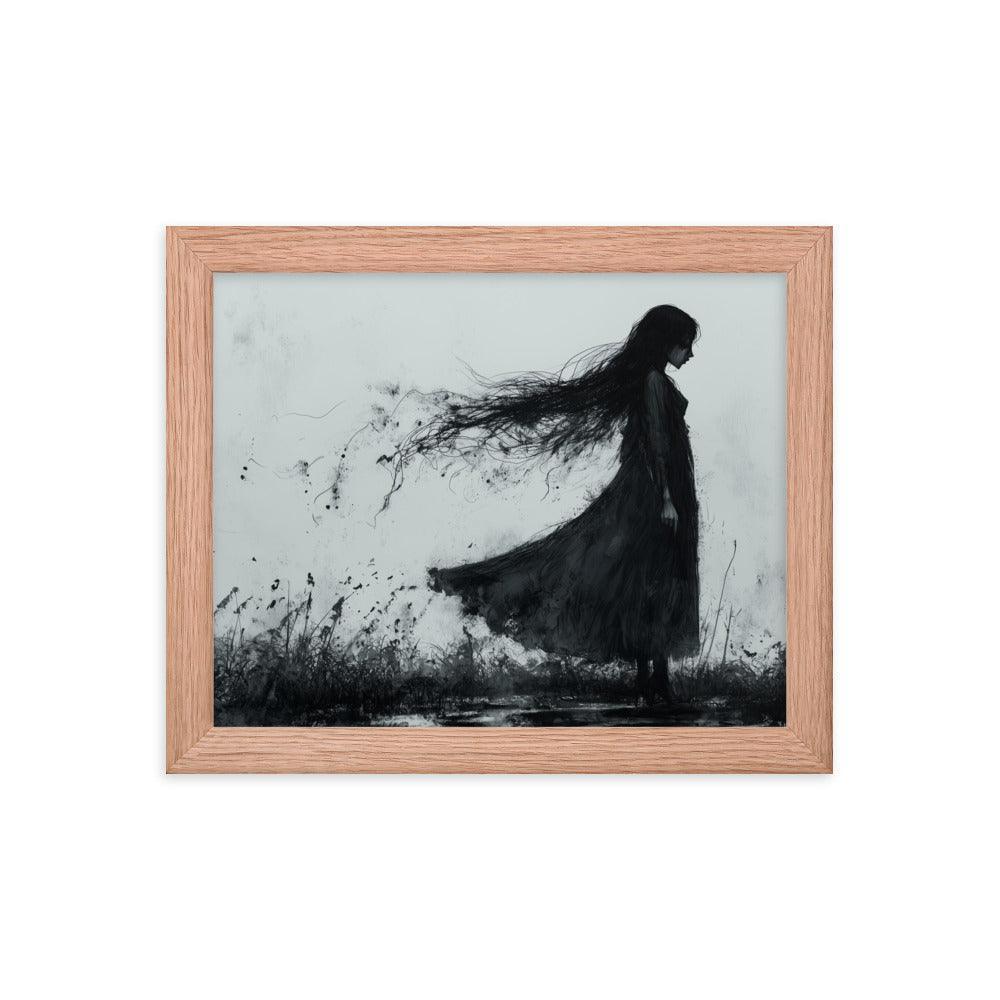 Dark Silhouette Woman in Gloomy Field Ink Illustration Framed Poster - Oh Posters