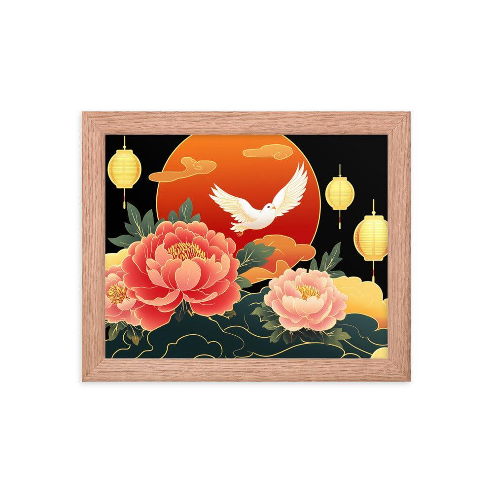 Chinese Traditional Floral Design with Lanterns and Dove Illustration Framed Poster - Oh Posters