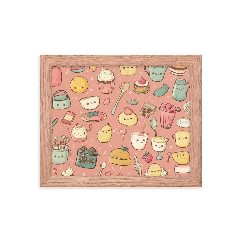 Kawaii Food and Kitchen Utensils Cute Doodle Pattern Framed Poster - Oh Posters