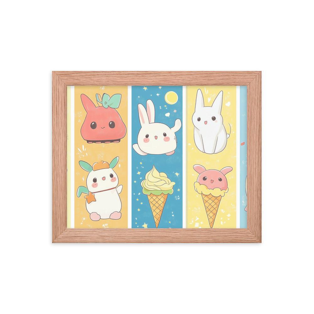 Kawaii Bunnies and Ice Cream Cute Character Strip Digital Art Framed Poster - Oh Posters