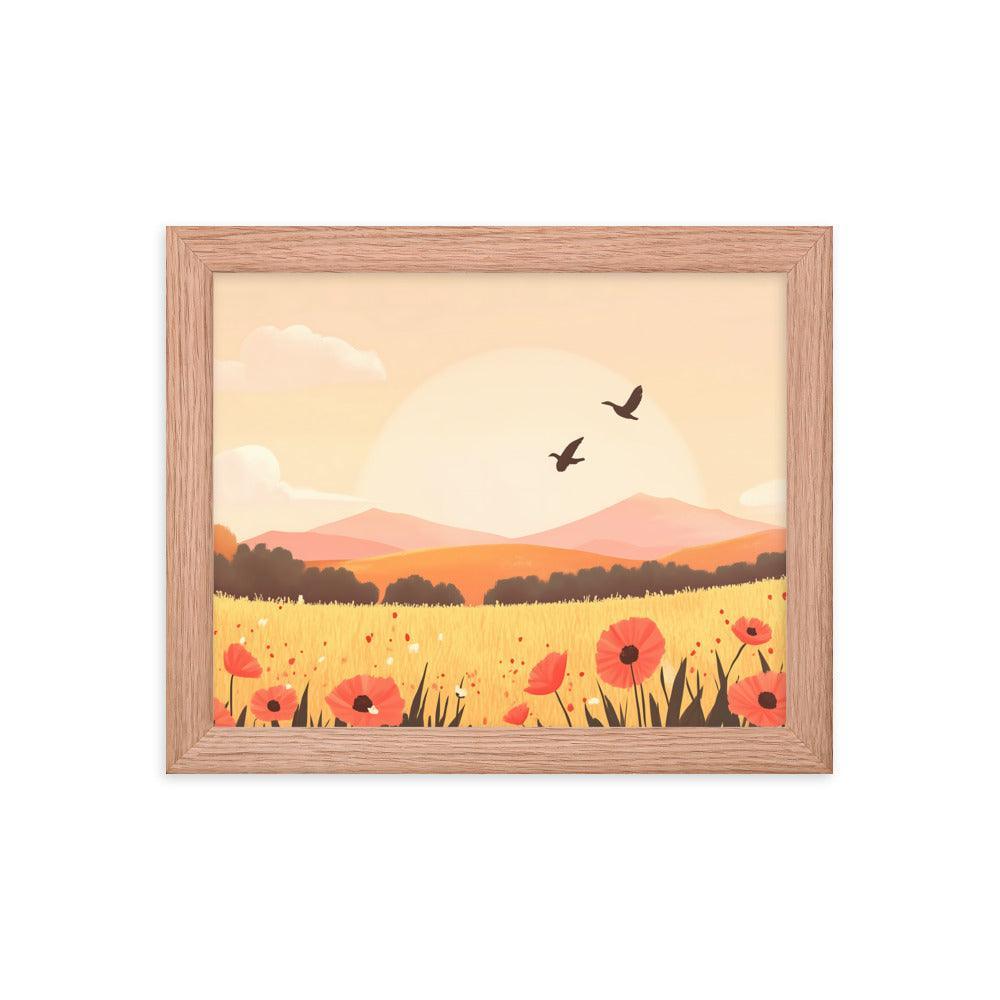 Sunset Field with Poppies and Birds in Pastel Landscape Framed Poster - Oh Posters