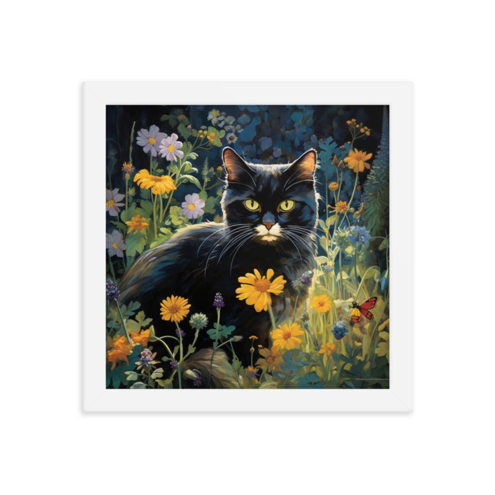 Cat in Moonlit Floral Garden Framed Poster - Oh Posters