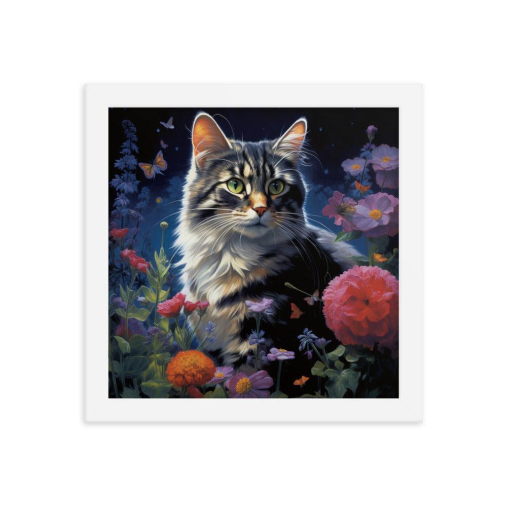 Cat in Moonlit Floral Garden Framed Poster - Oh Posters