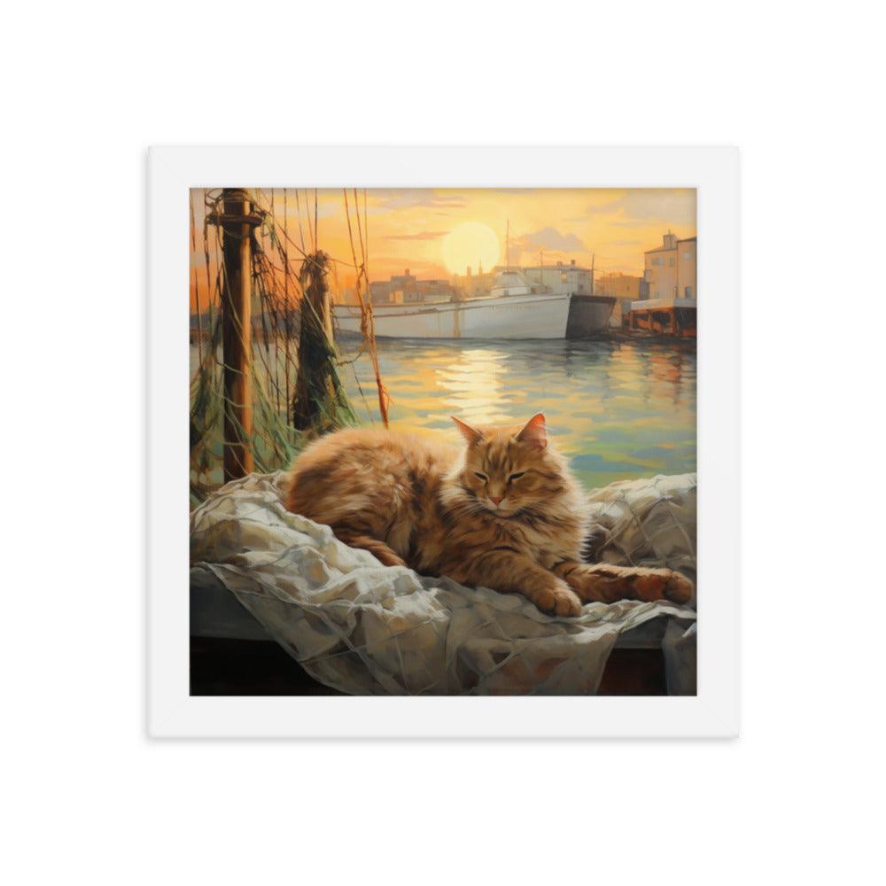 Cat Lounging at Seaside Harbor Framed Poster - Oh Posters