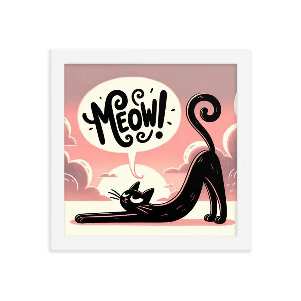 Cat Stretching Saying Meow at Sunset Framed Poster - Oh Posters