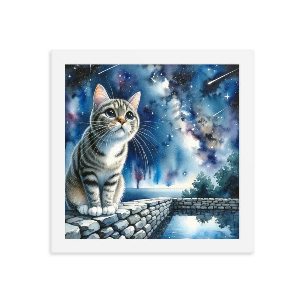 Cat on Wall under Starry Sky - Mystical Framed Poster - Oh Posters