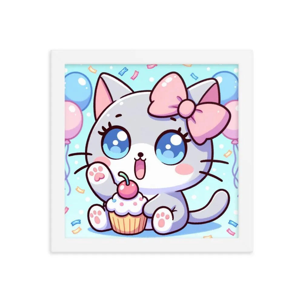 Kawaii Grey Cat with Cupcake Cute Anime Style Framed Poster - Oh Posters