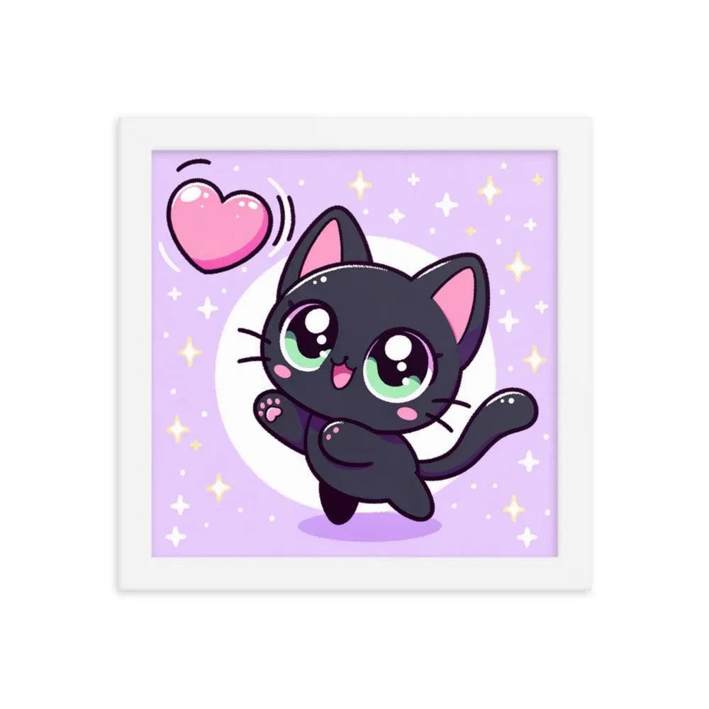 Kawaii Black Cat Heart Balloon Cute Illustration Framed Poster - Oh Posters