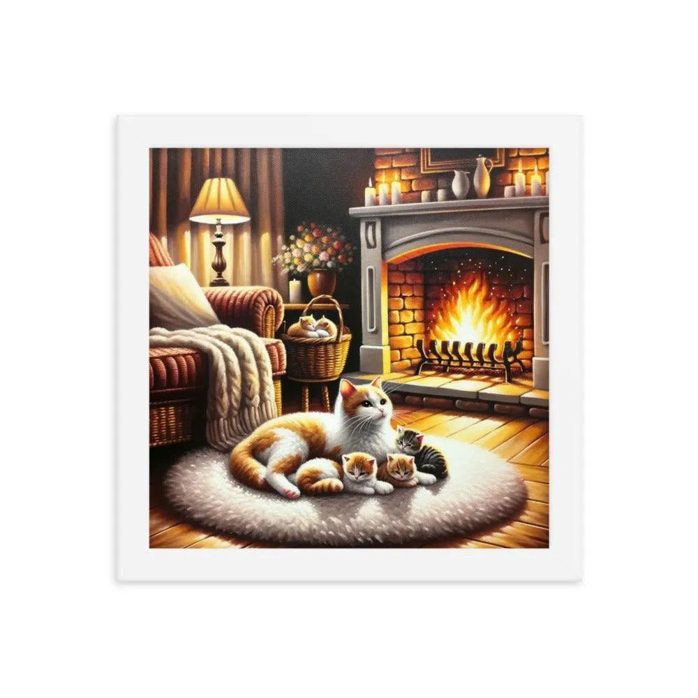 Cozy Fireplace Cat and Kittens Relaxing Art Framed Poster - Oh Posters