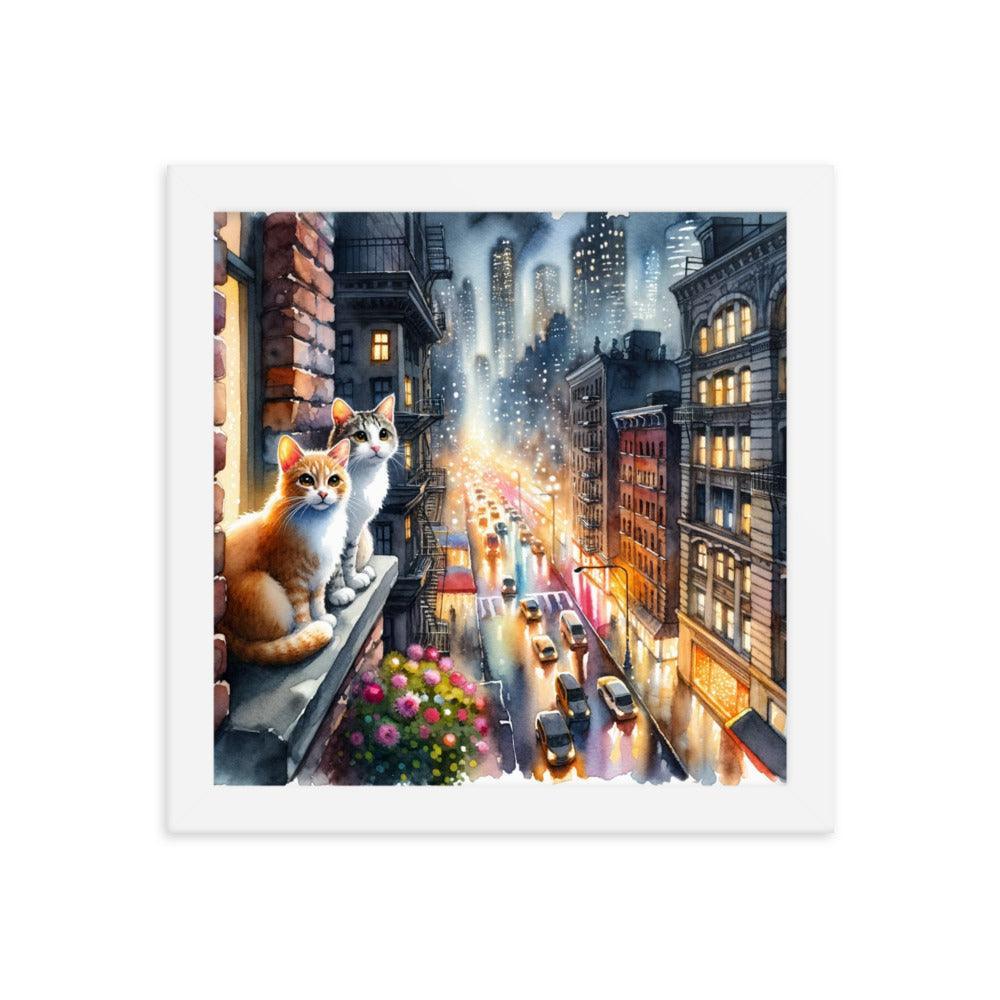 Cats on Windowsill Observing City Lights - Urban & Expressive Framed Poster - Oh Posters