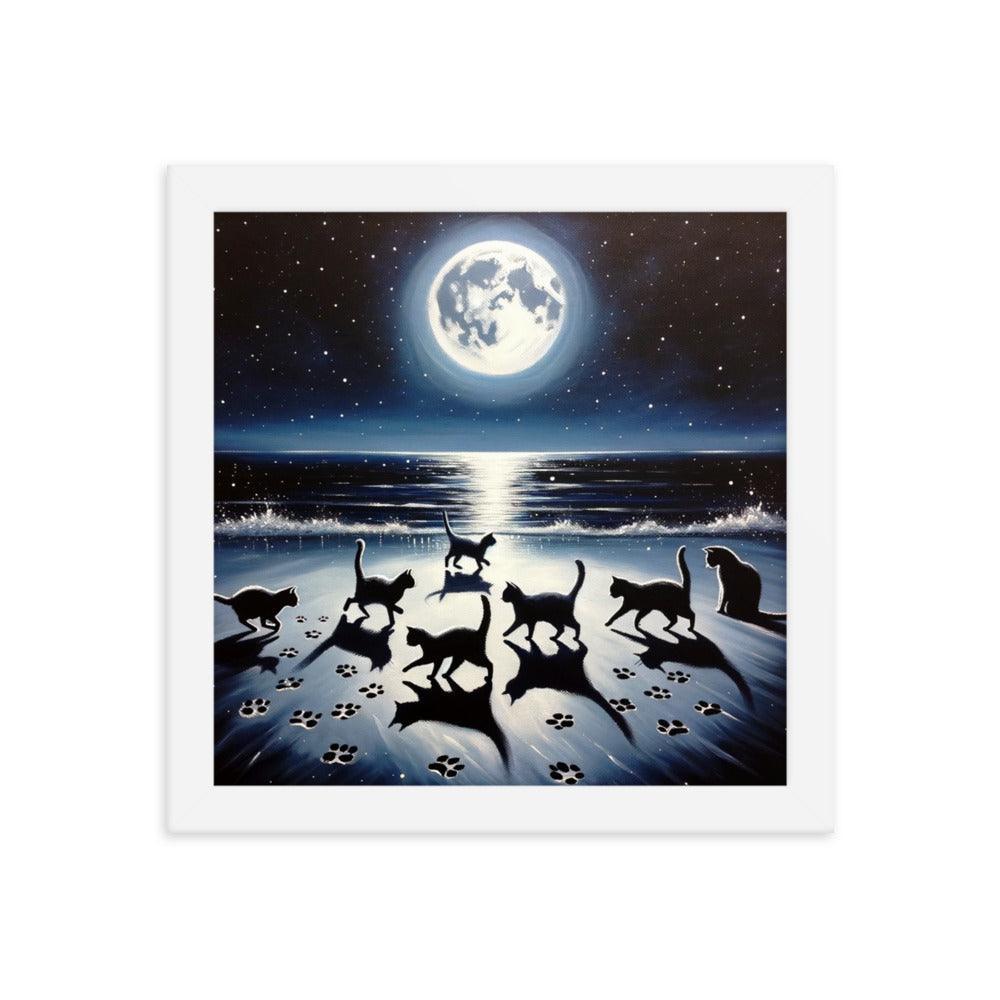 Cats Playing Tag on Moonlit Beach - Magical & Playful Framed Poster - Oh Posters