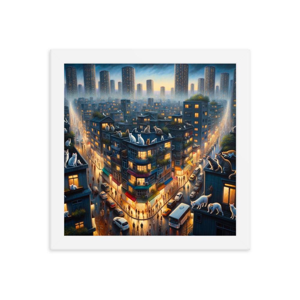 Cats' Twilight Cityscape Magical Glow Art Framed Poster - Oh Posters