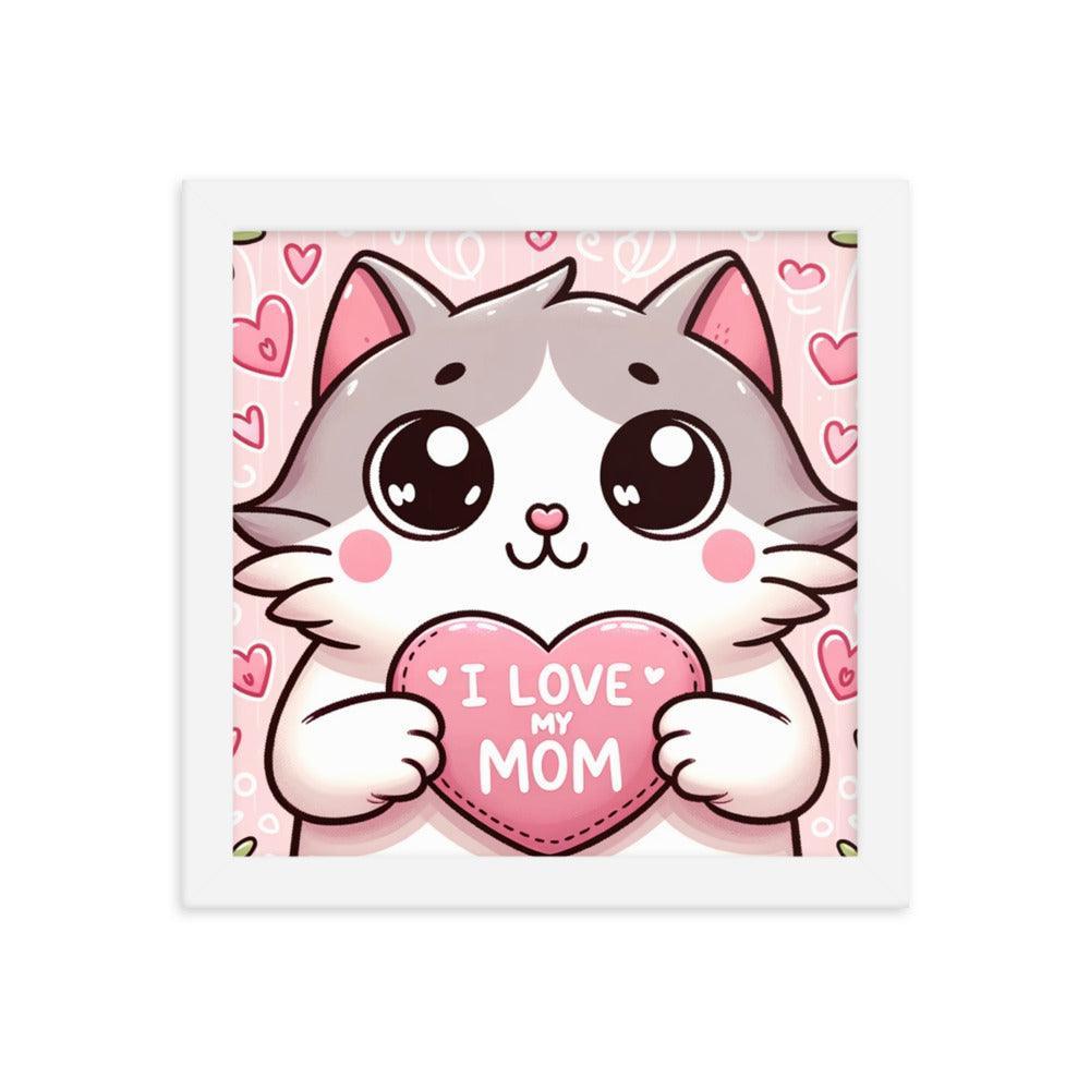 Cat Holding 'I Love My Mom' Sign on Lavender Heart Backdrop - Affectionate & Playful Framed Poster - Oh Posters