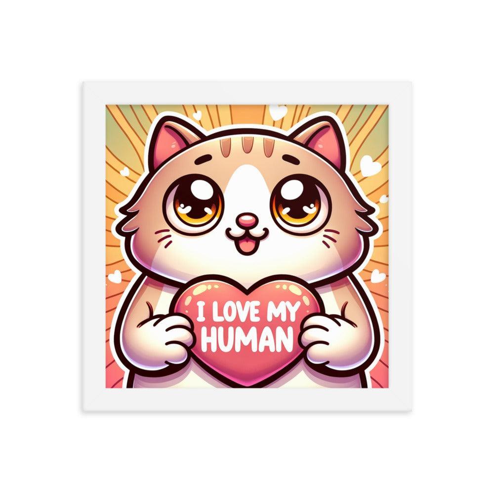 Cat with 'I Love My Human' Heart Sign on Warm Gradient - Affectionate Framed Poster - Oh Posters