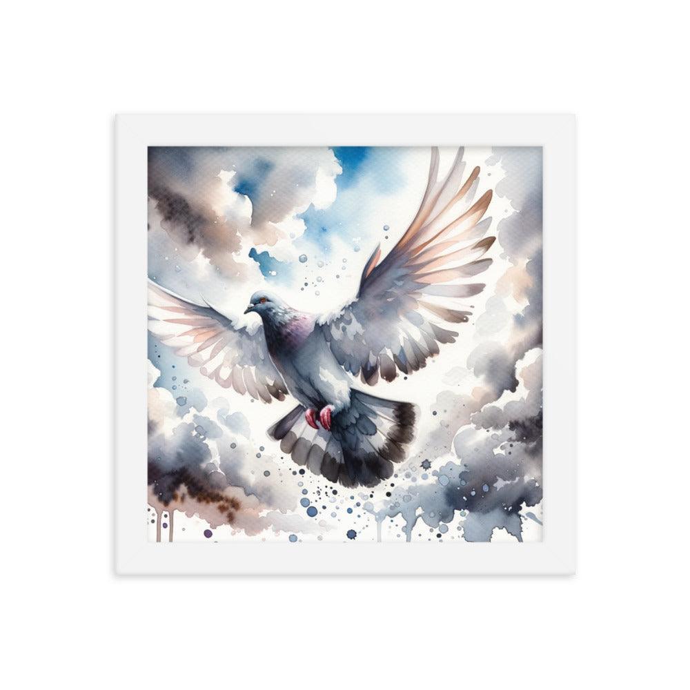 Majestic Pigeon Watercolor Sky Flight Art Framed Poster - Oh Posters