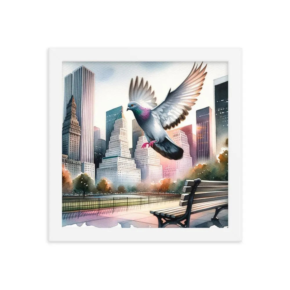 Urban Pigeon Over City Park Watercolor Illustration Framed Poster - Oh Posters