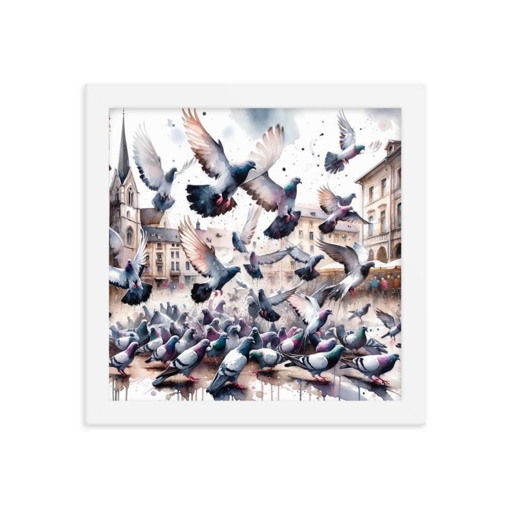 Pigeon Flock Dynamic Watercolor Cityscape Framed Poster - Oh Posters