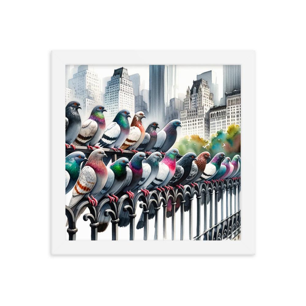 City Pigeons Flock Watercolor Skyline View Framed Poster - Oh Posters