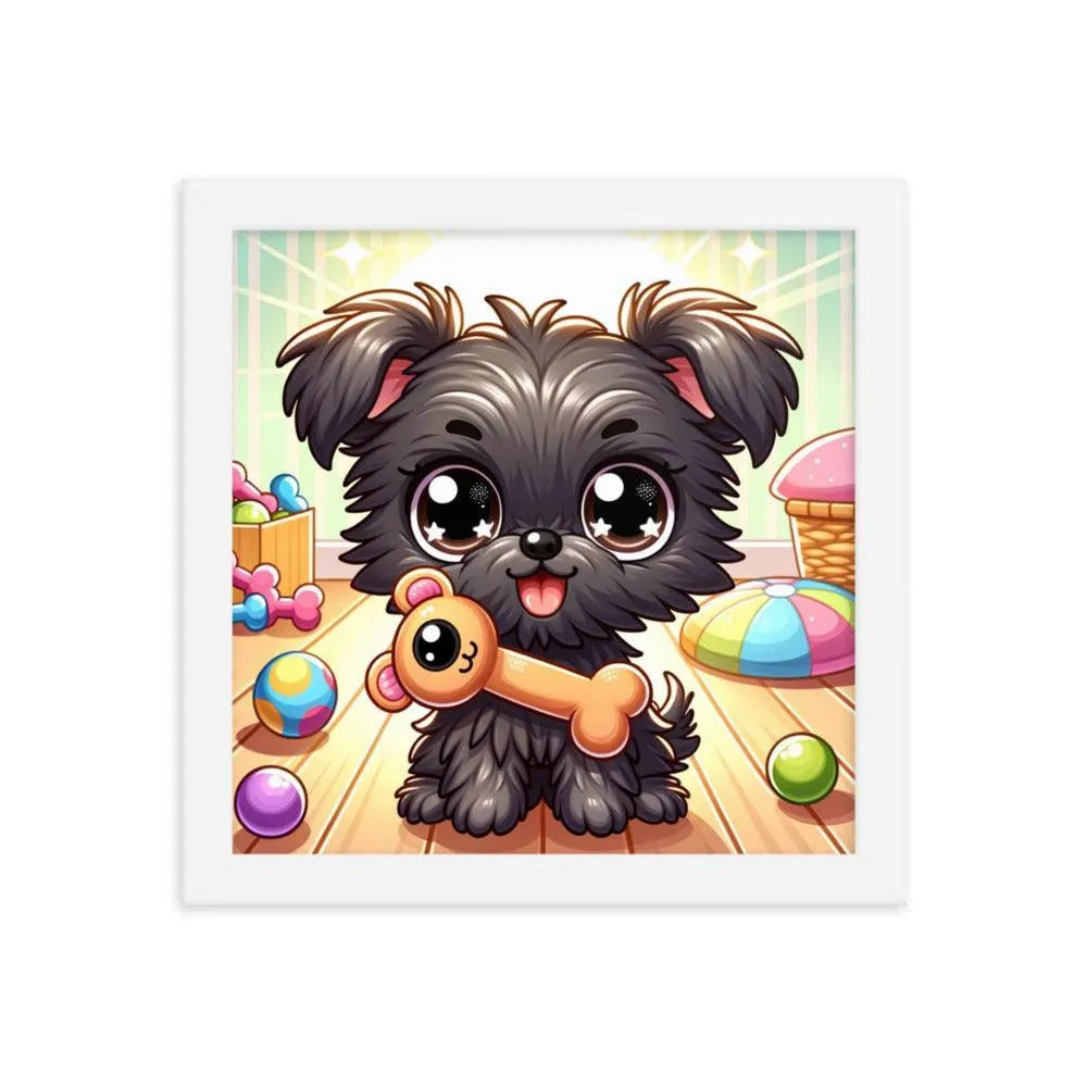 Cute Affenpinscher Puppy with Toy - Playful Charm in Cartoon Framed Poster - Oh Posters