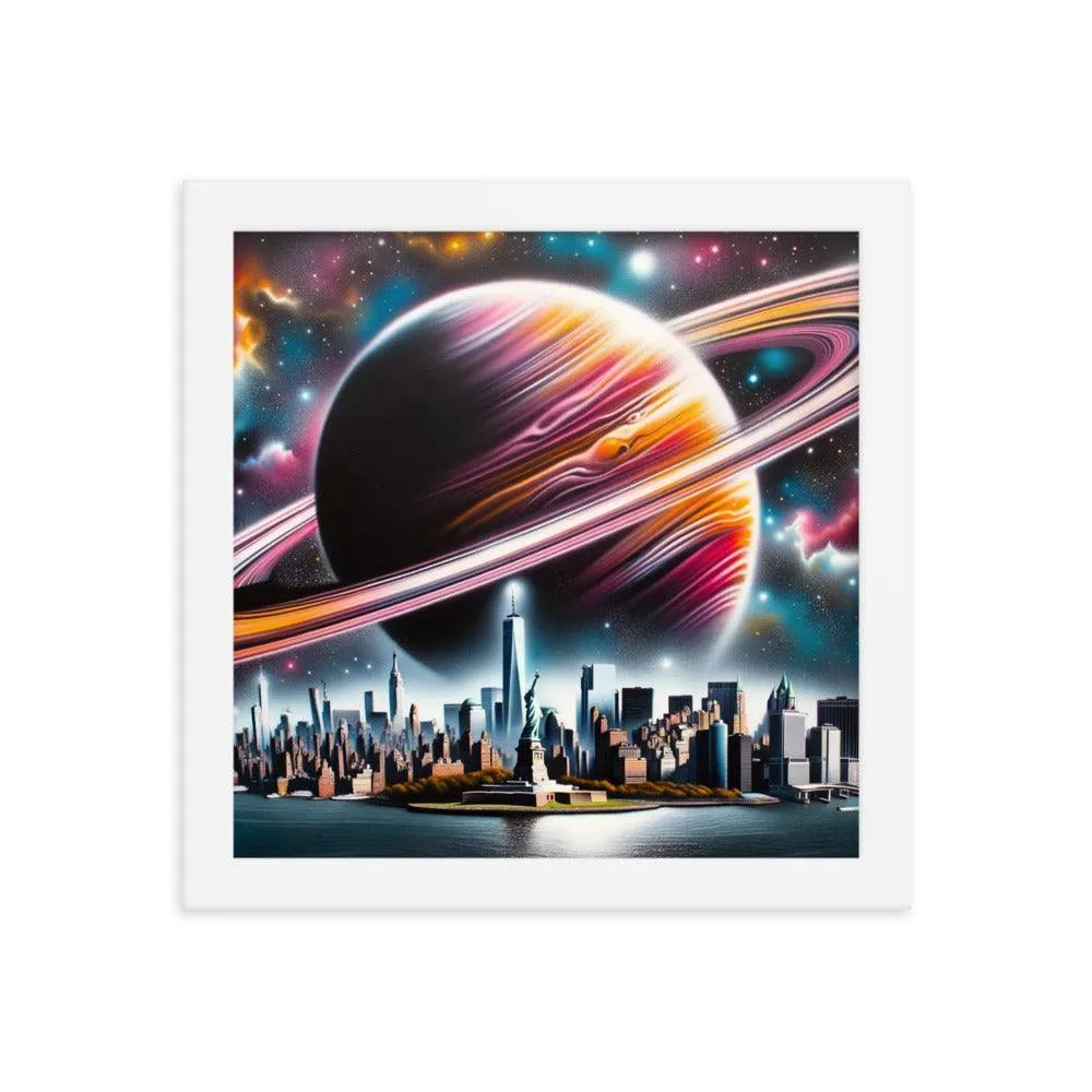 Futuristic New York City Skyline with Saturn Spray Paint Art Framed Poster - Oh Posters