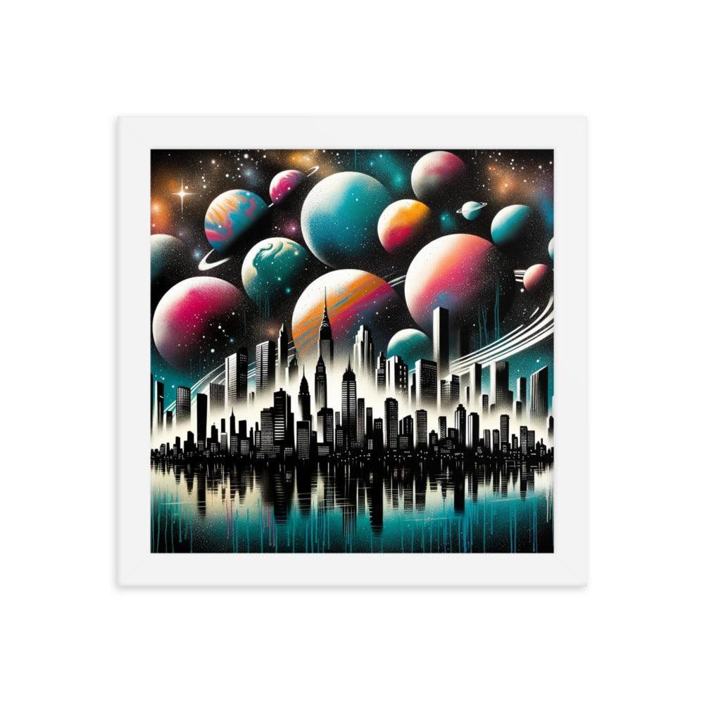 Cityscape Silhouette with Cosmic Planet Sky Spray Paint Art Framed Poster - Oh Posters