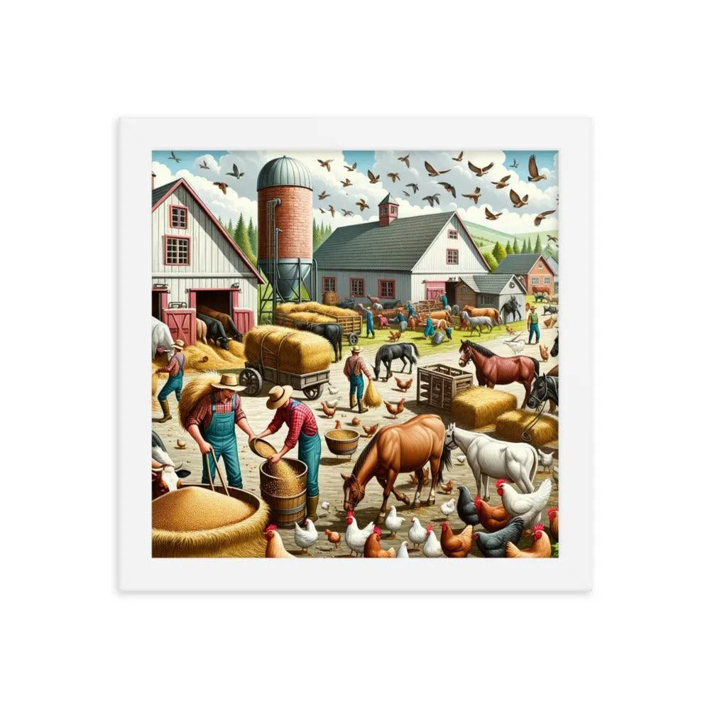 Lively Farmyard Feeding Time Illustration Framed Poster - Oh Posters