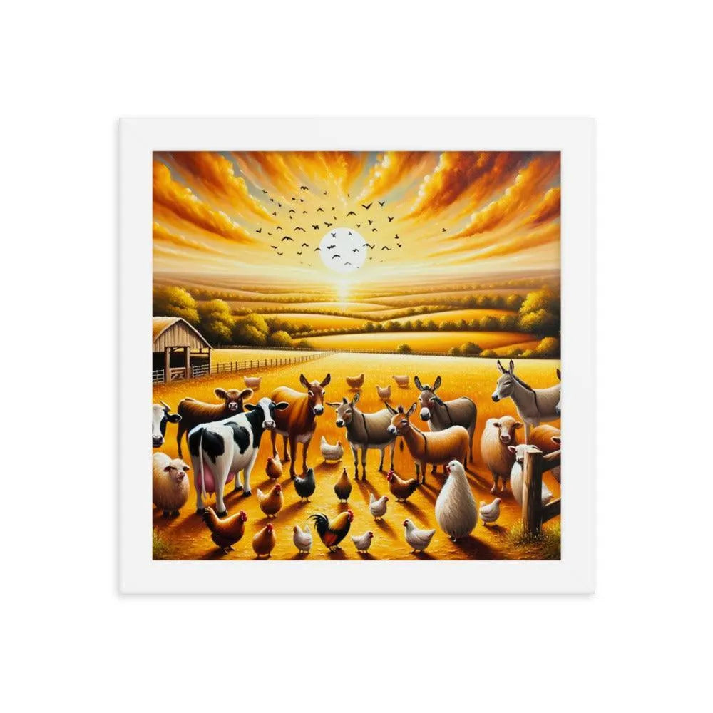 Golden Hour Farm Animals Acrylic Painting Framed Poster - Oh Posters