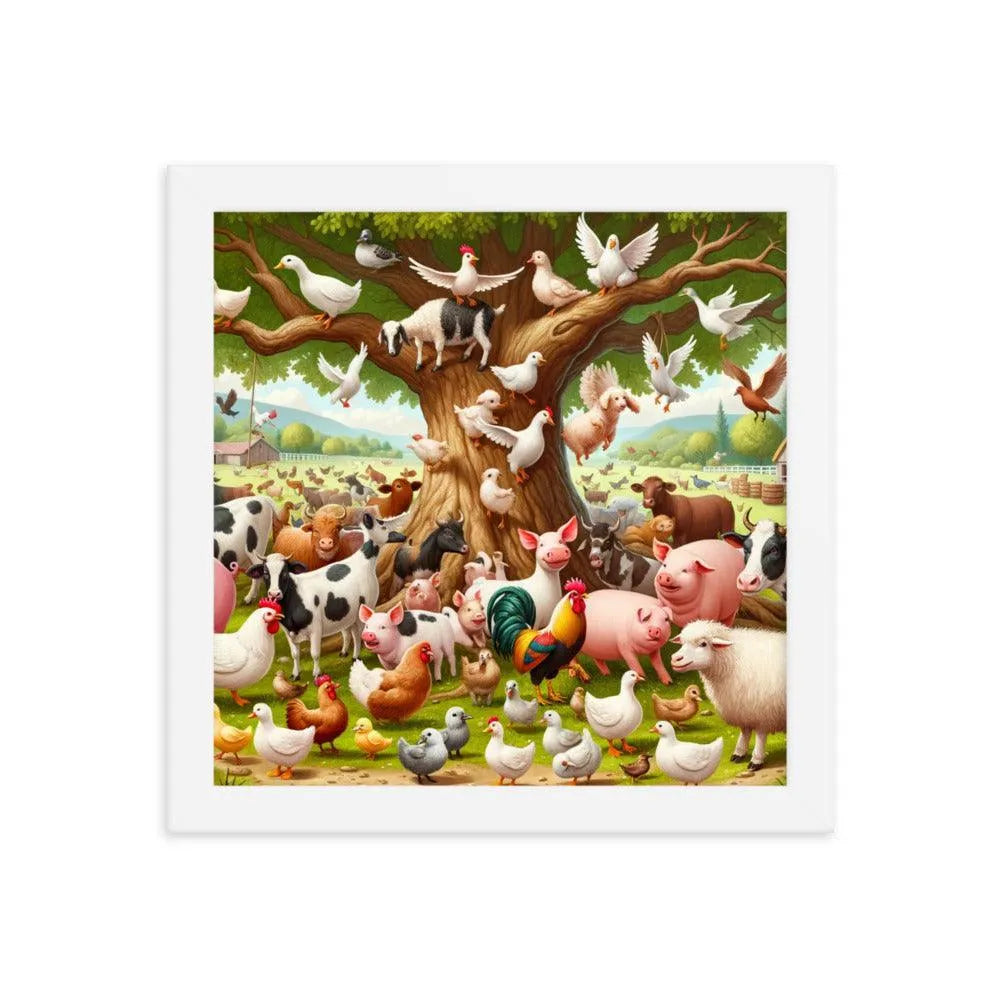 Diverse Farm Animal Gathering Illustration Framed Poster - Oh Posters