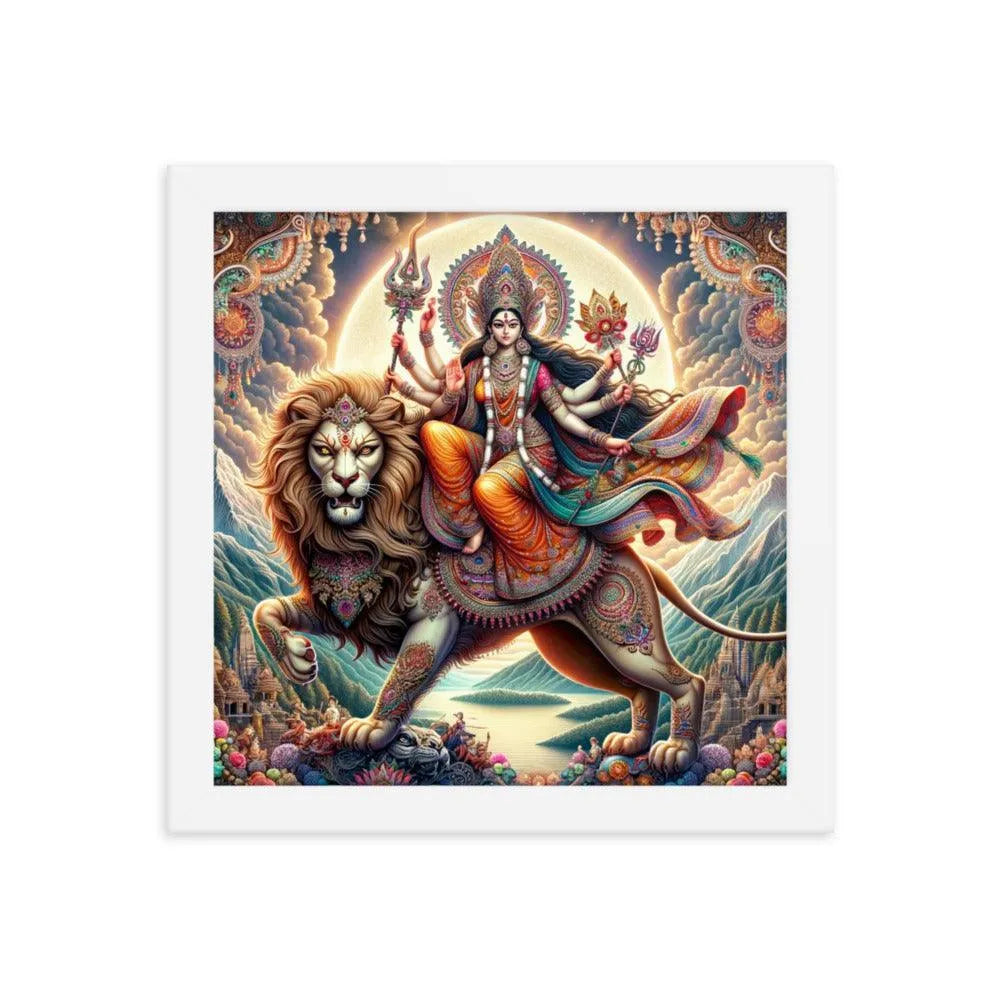 Goddess Durga on Lion Divine Hindu Art Framed Poster - Oh Posters