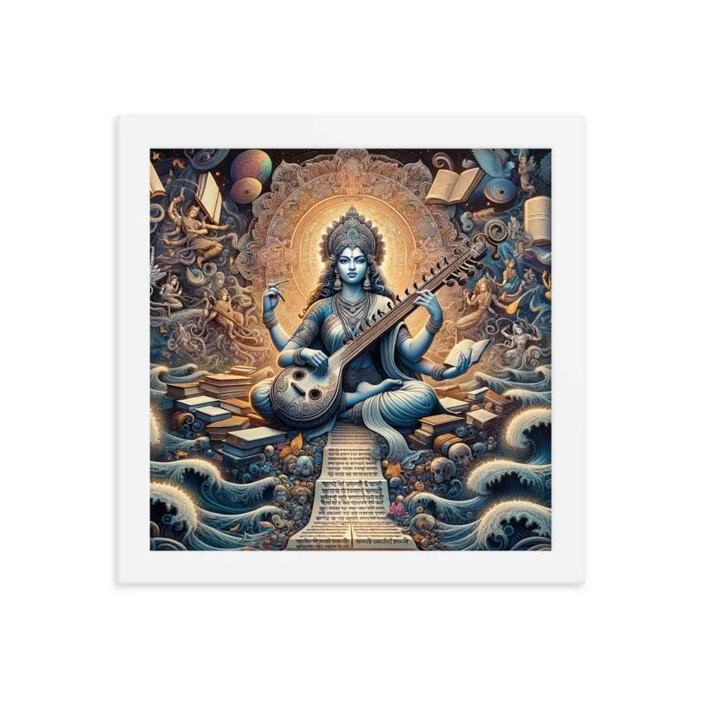 Goddess Saraswati Playing Veena amidst a Lush Landscape Hindu Artistic Framed Poster - Oh Posters