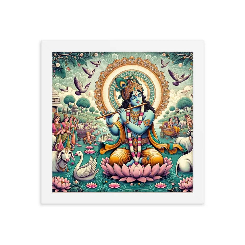 Hindu Lord Krishna Divine Flute Music Vrindavan Framed Poster - Oh Posters