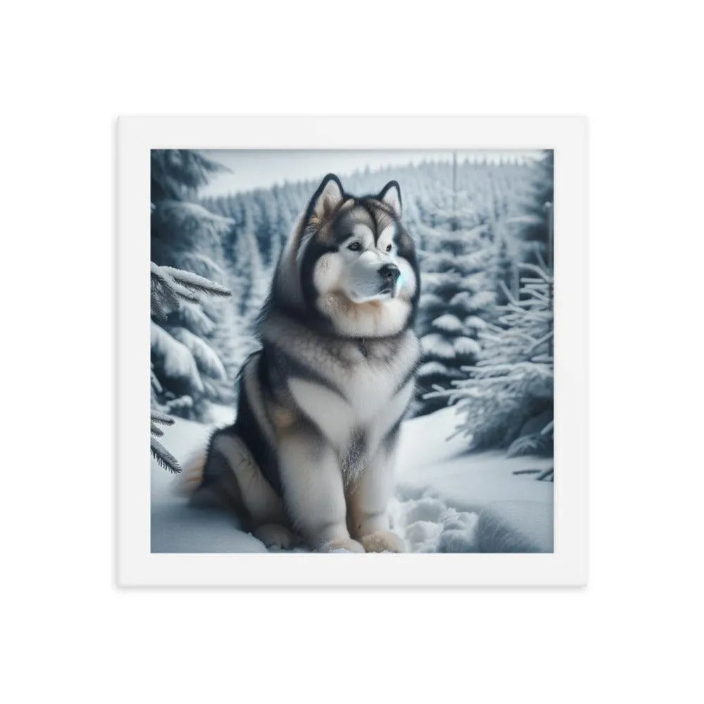 Graceful Alaskan Malamute in Wintry Forest Framed Poster - Oh Posters