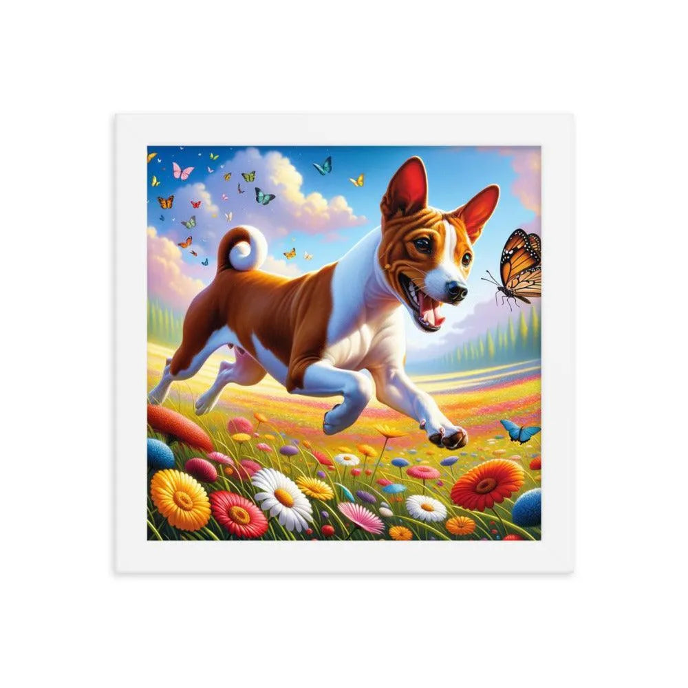 Energetic Basenji Dog Chasing Butterfly in Vibrant Meadow Landscape Framed Poster - Oh Posters