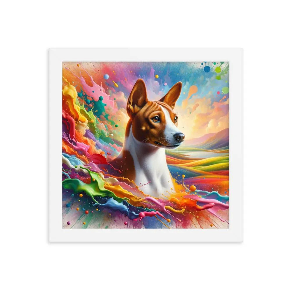 Realistic Basenji Dog Amidst Rainbow Splatter Framed Poster - Oh Posters