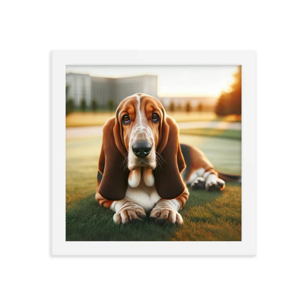 Gentle Basset Hound in Grassy Field Photo Framed Poster - Oh Posters