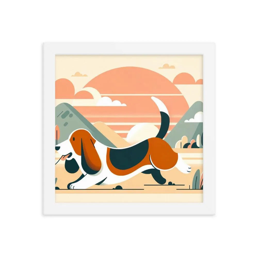 Joyful Basset Hound's Tail Chase Flat Art Framed Poster - Oh Posters