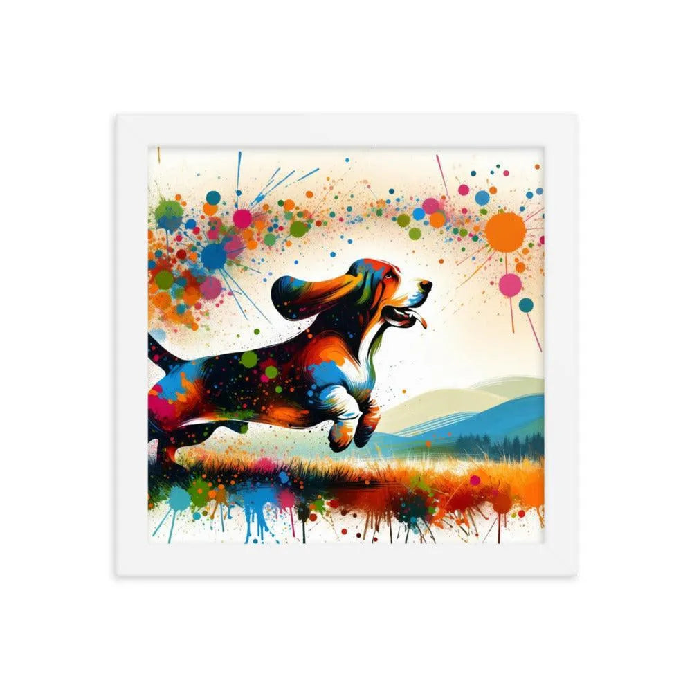 Joyful Basset Hound Playful Splatter Art Framed Poster - Oh Posters