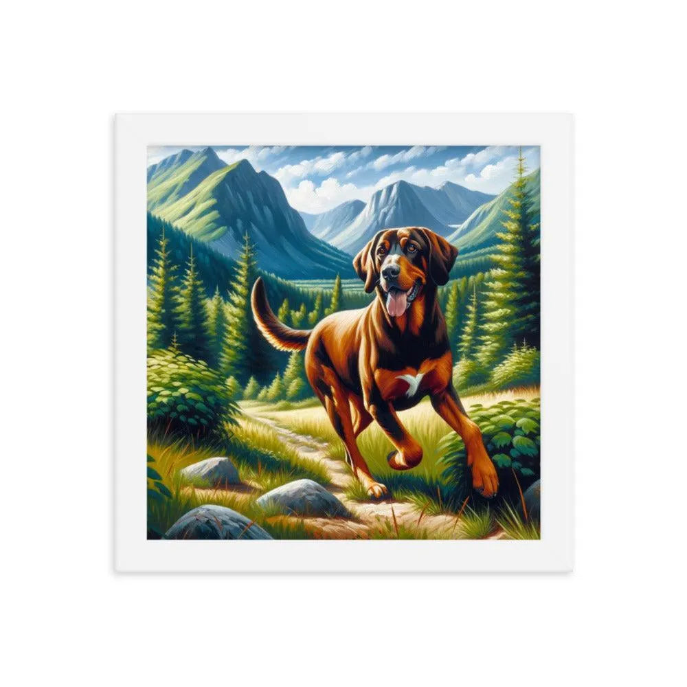 Playful Bavarian Mountain Hound in Mountain Forest Painting Framed Poster - Oh Posters